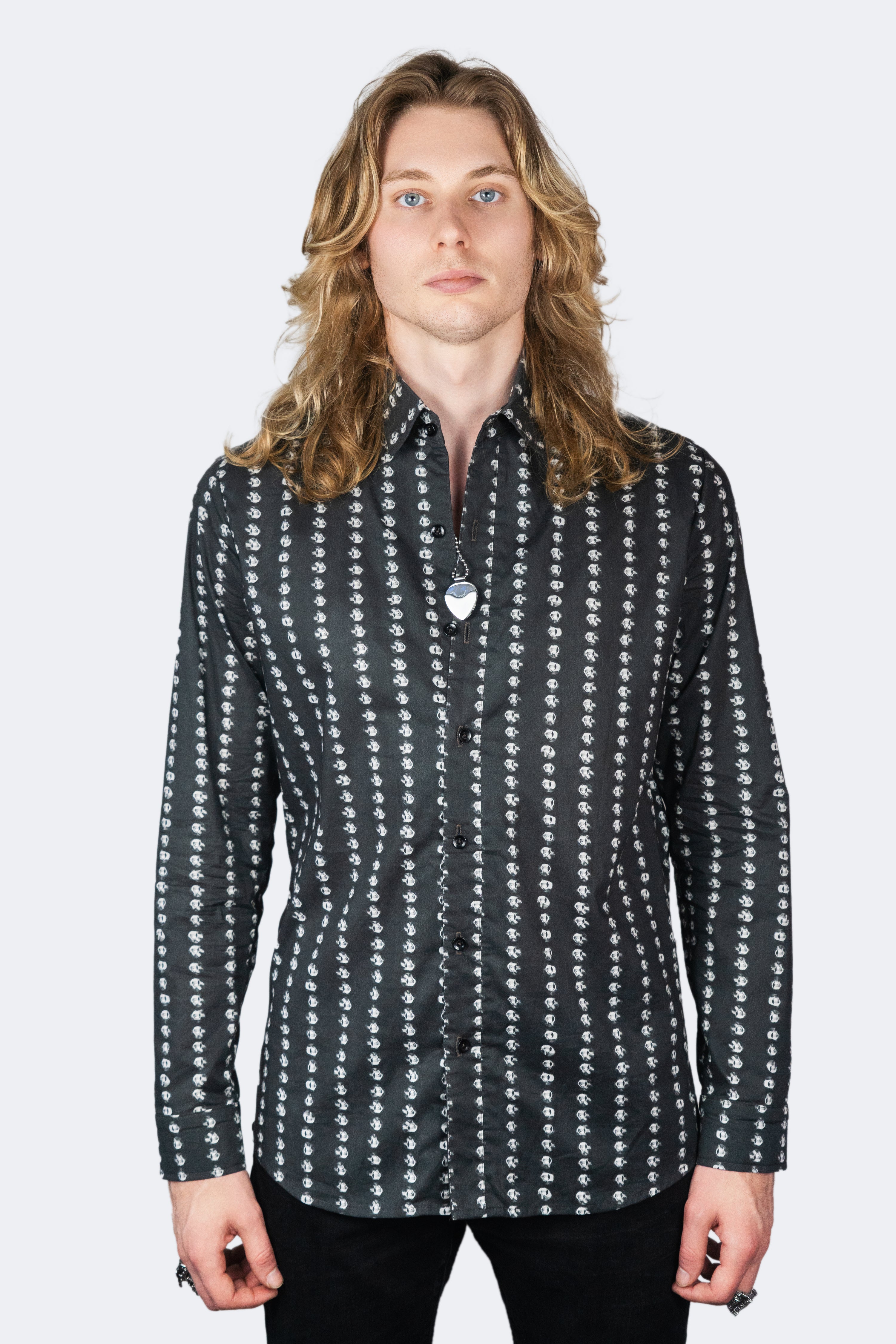 Black button-up with stud pinstripe print, slim fit — on model