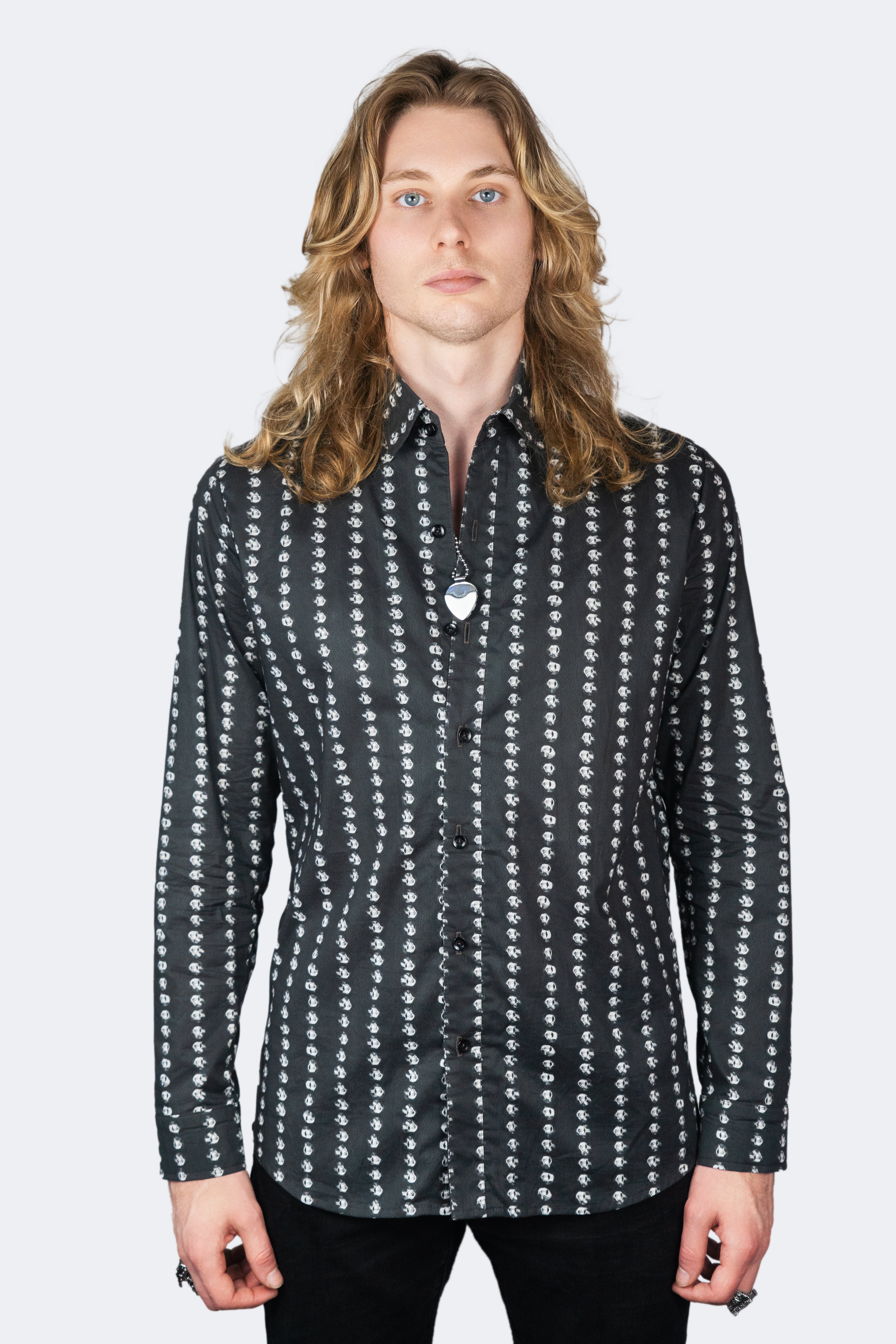 Black button-up with stud pinstripe print, slim fit — on model