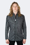 Black button-up with stud pinstripe print, slim fit — on model