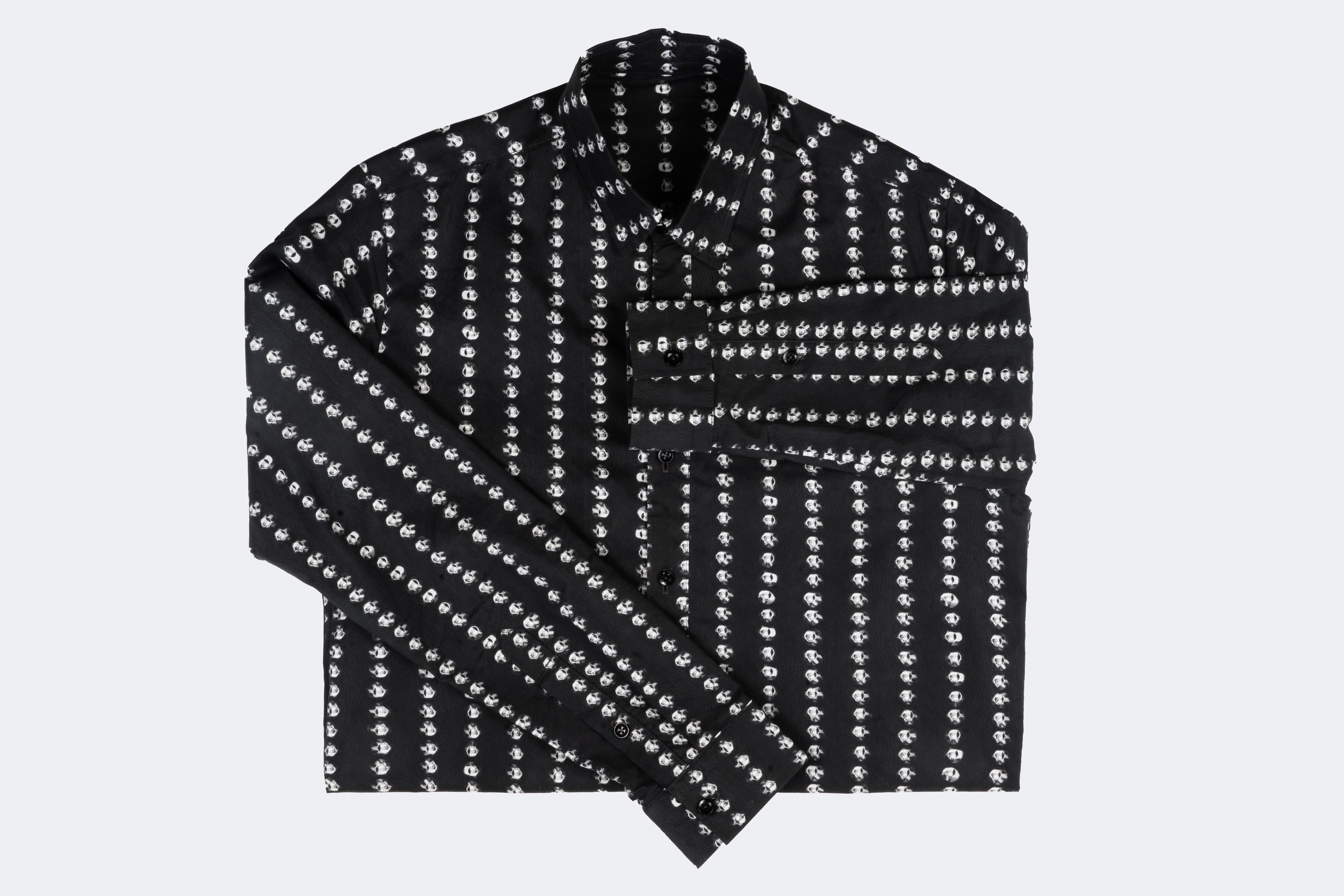 Black button-up with stud pinstripe print, slim fit — on model