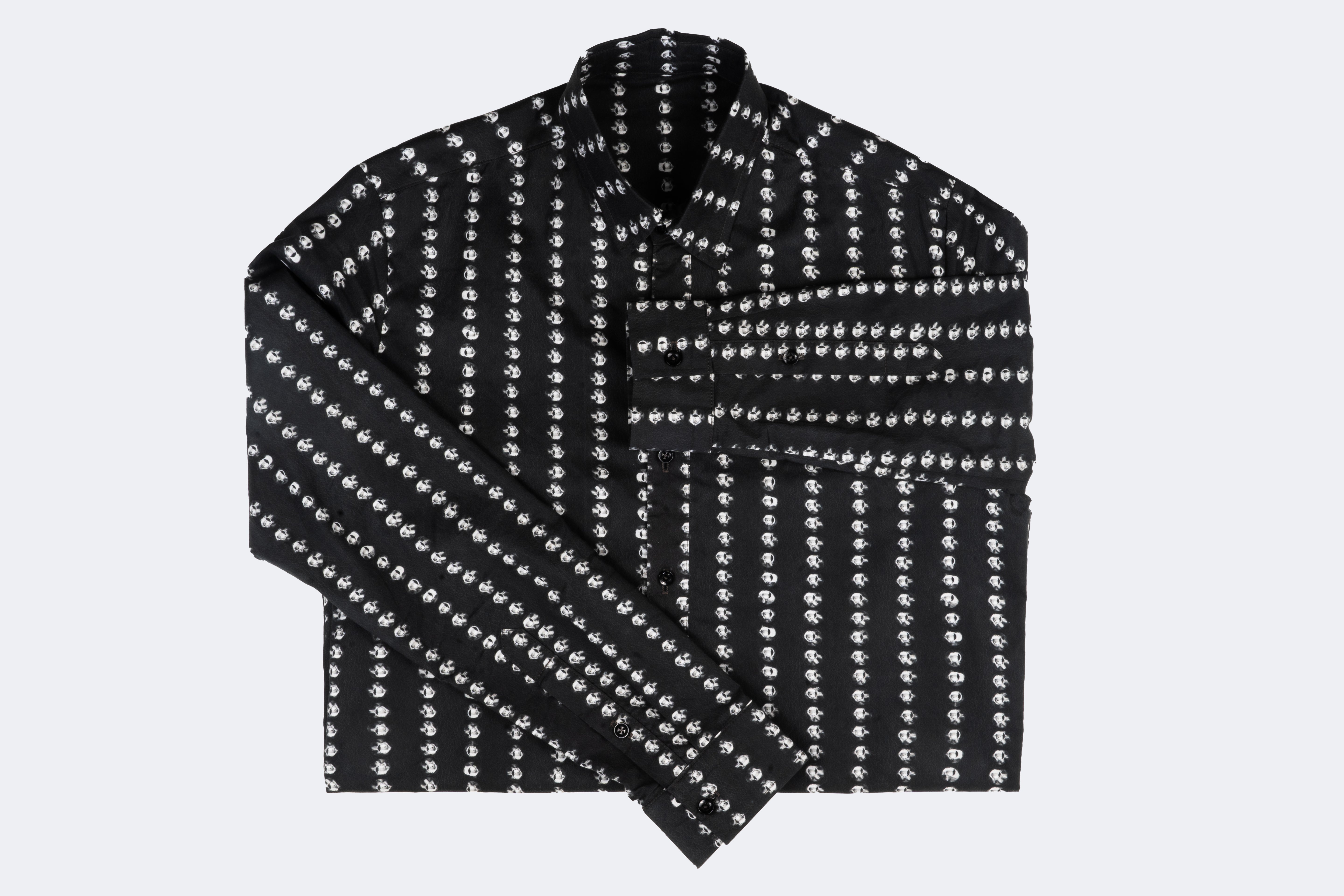Black button-up with stud pinstripe print, slim fit — on model